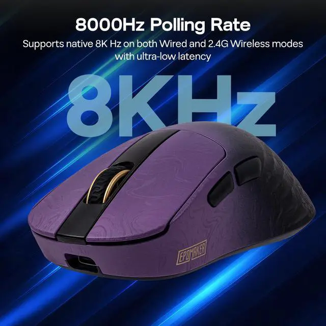 Alt view image 7 of 7 - Carbonis Wireless Gaming Mouse with Digital Display, PAW3950 Sensor, 8K Polling, 30K DPI, Carbon Fiber Composite Shell, Ergonomic Right Hand Esports Mouse for PC Gaming (Black Purple)