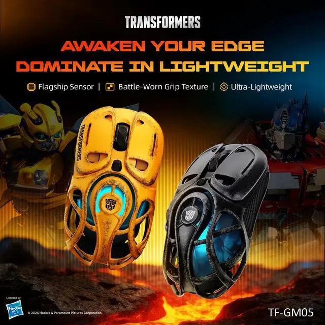 Alt view image 3 of 7 - TF-GM05 Wireless Gaming Mouse, 71g Ultra-Light Hollow Mecha Design, Tri-Mode Bluetooth/2.4G/Wired, 12800 DPI, Huano Switches, PAW3311 Sensor, RGB, USB-C Rechargeable (Bumblebee Yellow)