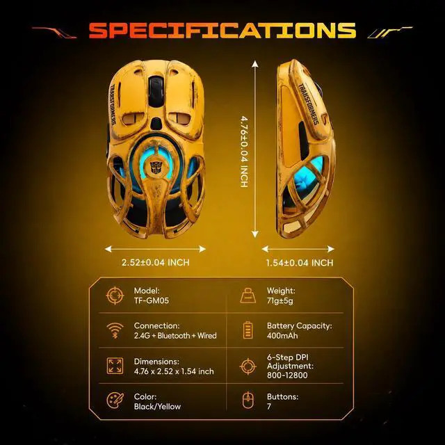 Alt view image 4 of 7 - TF-GM05 Wireless Gaming Mouse, 71g Ultra-Light Hollow Mecha Design, Tri-Mode Bluetooth/2.4G/Wired, 12800 DPI, Huano Switches, PAW3311 Sensor, RGB, USB-C Rechargeable (Bumblebee Yellow)