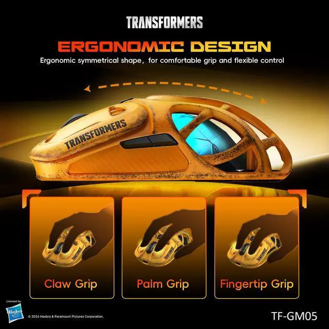 Alt view image 7 of 7 - TF-GM05 Wireless Gaming Mouse, 71g Ultra-Light Hollow Mecha Design, Tri-Mode Bluetooth/2.4G/Wired, 12800 DPI, Huano Switches, PAW3311 Sensor, RGB, USB-C Rechargeable (Bumblebee Yellow)