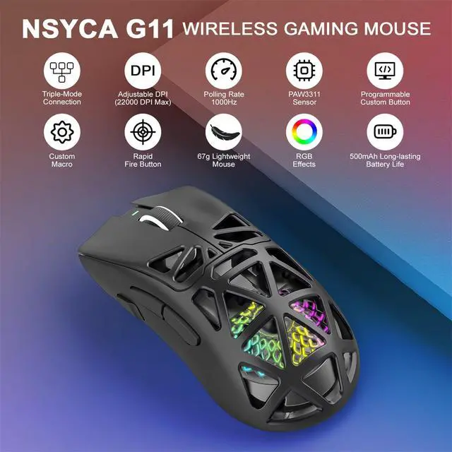 Alt view image 2 of 7 - G11 Lightweight Wireless Gaming Mouse for FPS & Competitive Gaming, Tri-Mode Bluetooth 5.1/2.4GHz/USB-C, 22000 DPI RGB Mouse with Programmable Buttons for PC, Laptop & Mac (Black)