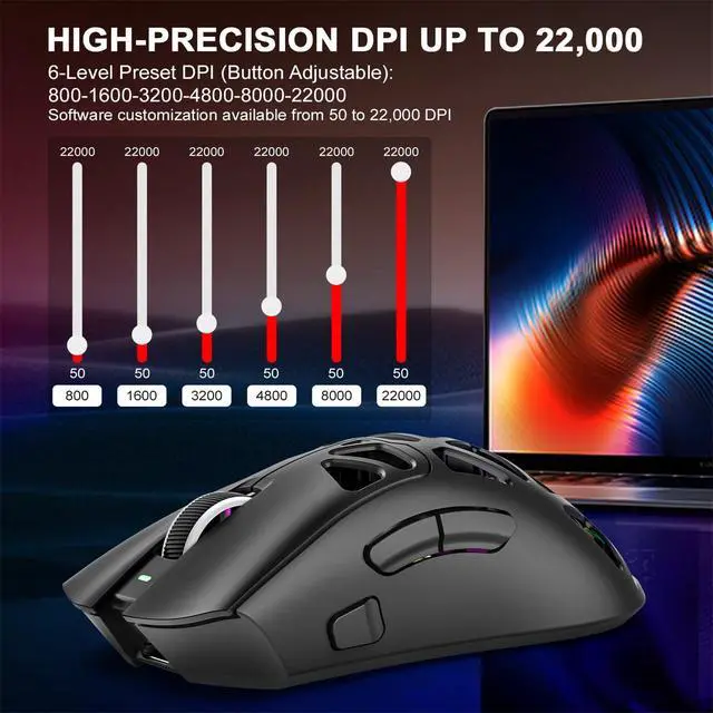 Alt view image 4 of 7 - G11 Lightweight Wireless Gaming Mouse for FPS & Competitive Gaming, Tri-Mode Bluetooth 5.1/2.4GHz/USB-C, 22000 DPI RGB Mouse with Programmable Buttons for PC, Laptop & Mac (Black)