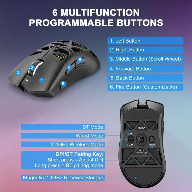Alt view image 5 of 7 - G11 Lightweight Wireless Gaming Mouse for FPS & Competitive Gaming, Tri-Mode Bluetooth 5.1/2.4GHz/USB-C, 22000 DPI RGB Mouse with Programmable Buttons for PC, Laptop & Mac (Black)