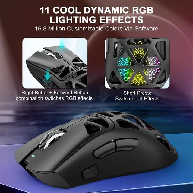 Alt view image 7 of 7 - G11 Lightweight Wireless Gaming Mouse for FPS & Competitive Gaming, Tri-Mode Bluetooth 5.1/2.4GHz/USB-C, 22000 DPI RGB Mouse with Programmable Buttons for PC, Laptop & Mac (Black)