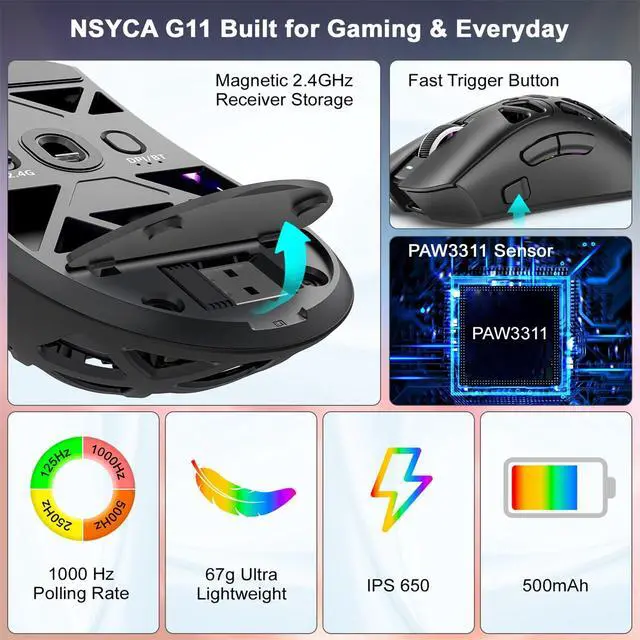Alt view image 6 of 7 - G11 Lightweight Wireless Gaming Mouse for FPS & Competitive Gaming, Tri-Mode Bluetooth 5.1/2.4GHz/USB-C, 22000 DPI RGB Mouse with Programmable Buttons for PC, Laptop & Mac (Black)