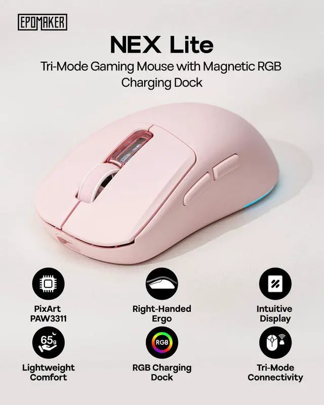 Alt view image 2 of 7 - NEX Lite Wireless Gaming Mouse w/Screens & RGB Charging Dock