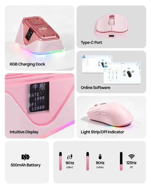 Alt view image 4 of 7 - NEX Lite Wireless Gaming Mouse w/Screens & RGB Charging Dock