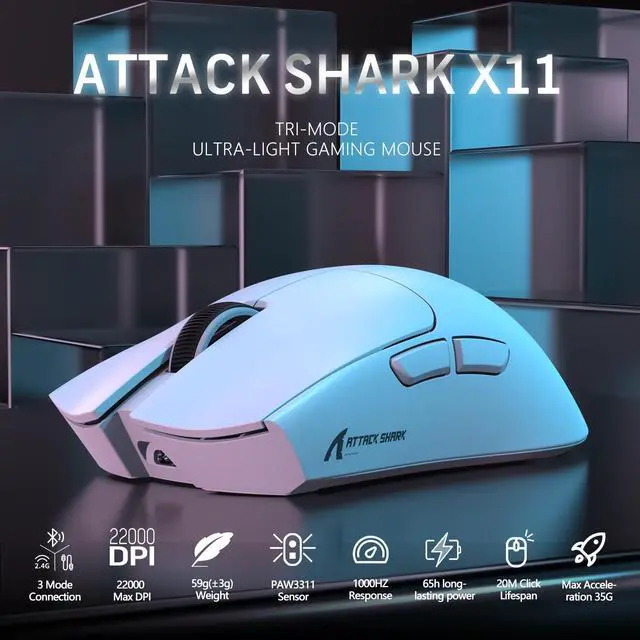 Alt view image 2 of 7 - ATTACK SHARK X11 59g Lightweight Wireless Gaming Mouse,RGB Magnetic Charging Dock,PixArt PAW3311 Gaming Sensor,Tri-Mode-BT/2.4G Wireless/Wired Mouse,22000 DPI,5 Programmable Buttons for Pc/Mac(White)