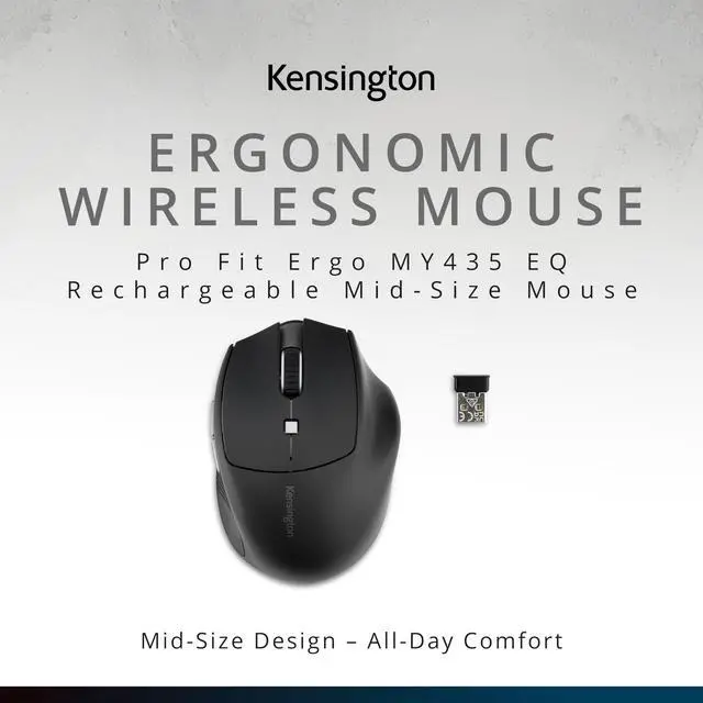 Alt view image 2 of 7 - Wireless Mouse, Pro Fit Ergo MY435 EQ Rechargeable Mouse, Fits Small to Medium-Size Hands, Programmable Buttons, Quiet-Click Buttons, Bluetooth 5.0 & 2.4GHz Connection - Black (K72501NA)