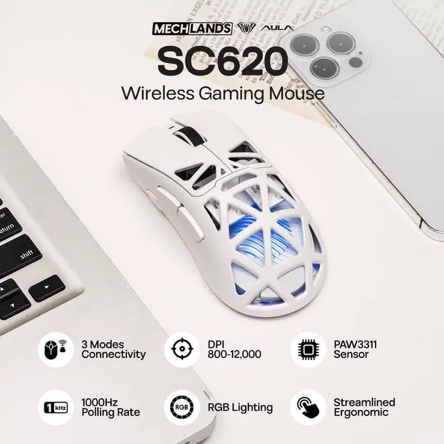 Alt view image 2 of 7 - Aula SC620 Gaming Mouse, 2.4G/USB-C/BT Wireless Mouse with 400mAh Battery, Adjustable 12,000 DPI & 1000 Polling Rate, PAW3311 Sensor, RGB Lighting, Programmable Buttons, for Win/Mac (White)