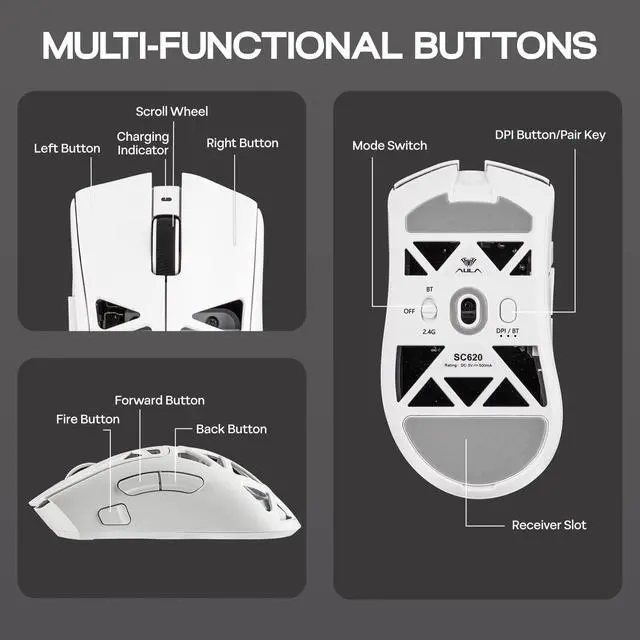 Alt view image 7 of 7 - Aula SC620 Gaming Mouse, 2.4G/USB-C/BT Wireless Mouse with 400mAh Battery, Adjustable 12,000 DPI & 1000 Polling Rate, PAW3311 Sensor, RGB Lighting, Programmable Buttons, for Win/Mac (White)