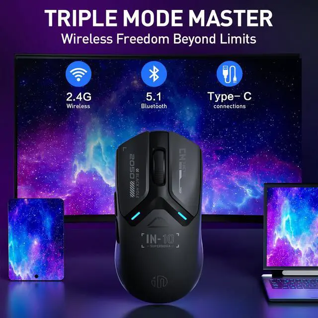 Alt view image 2 of 7 - IN10P Lightweight Wireless Gaming Mouse, Tri-Mode Wireless Mouse with Bluetooth/ 2.4G/ USB-C Wired, 60g Superlight, PAW3395 26K DPI Sensor, 8kHz Polling Rate, Fully Programmable, Black