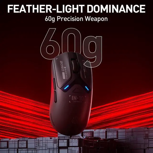 Alt view image 3 of 7 - IN10P Lightweight Wireless Gaming Mouse, Tri-Mode Wireless Mouse with Bluetooth/ 2.4G/ USB-C Wired, 60g Superlight, PAW3395 26K DPI Sensor, 8kHz Polling Rate, Fully Programmable, Black