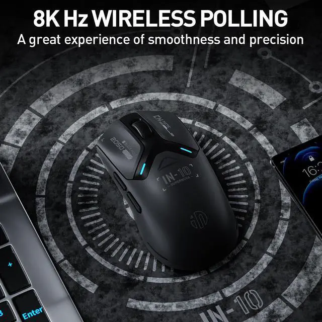 Alt view image 4 of 7 - IN10P Lightweight Wireless Gaming Mouse, Tri-Mode Wireless Mouse with Bluetooth/ 2.4G/ USB-C Wired, 60g Superlight, PAW3395 26K DPI Sensor, 8kHz Polling Rate, Fully Programmable, Black