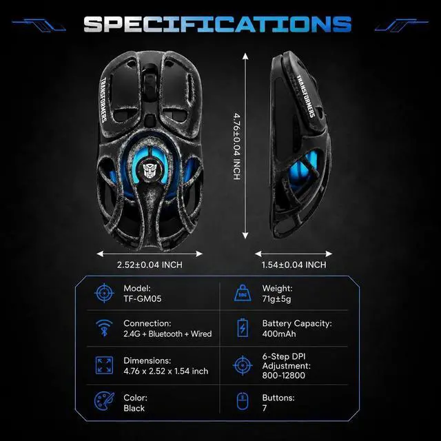 Alt view image 5 of 7 - TF-GM05 Wireless Gaming Mouse, 71g Ultra-Light Hollow Mecha Design, Tri-Mode Bluetooth/2.4G/Wired, 12800 DPI, Huano Switches, PAW3311 Sensor, RGB, USB-C Rechargeable (Megatron Black)
