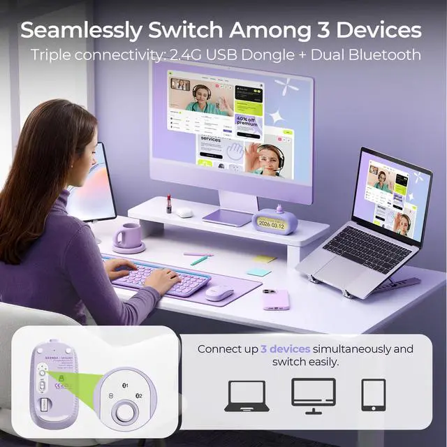 Alt view image 2 of 7 - MOU001 Bluetooth Wireless Mouse for Laptop,Slim Computer Mice,Purple