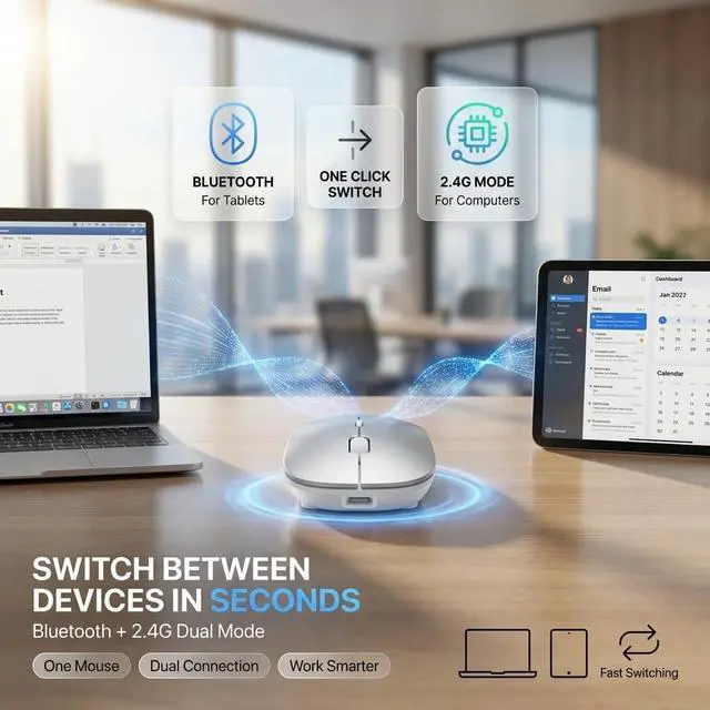 Alt view image 2 of 7 - Wireless Bluetooth Mouse with Jiggler Mode, Rechargeable Silent Mouse for MacBook Air/Pro Laptop PC, Multi-Device BT5.2/BT3.0 & 2.4G USB-A/USB-C Receiver, Ergonomic Optical Mouse with 3 DPI Levels