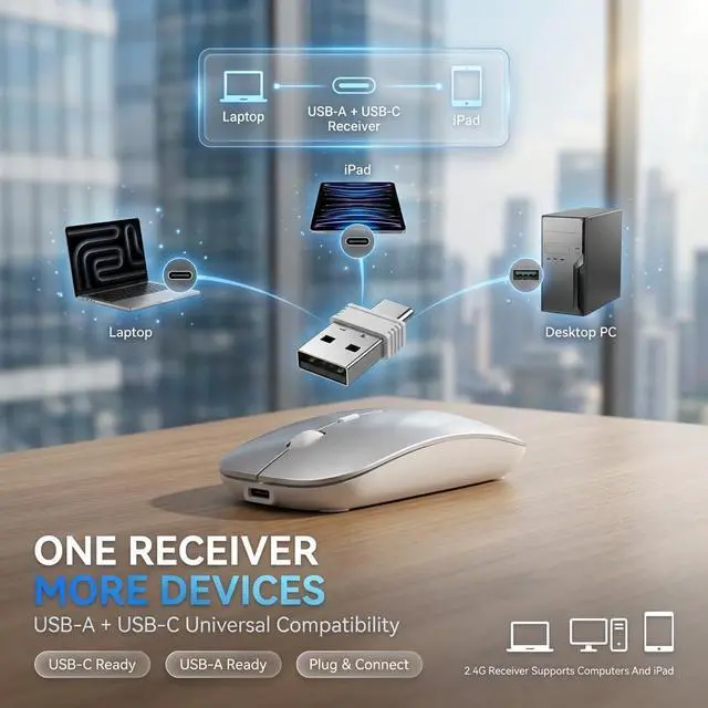 Alt view image 5 of 7 - Wireless Bluetooth Mouse with Jiggler Mode, Rechargeable Silent Mouse for MacBook Air/Pro Laptop PC, Multi-Device BT5.2/BT3.0 & 2.4G USB-A/USB-C Receiver, Ergonomic Optical Mouse with 3 DPI Levels