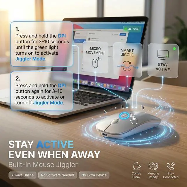 Alt view image 4 of 7 - Wireless Bluetooth Mouse with Jiggler Mode, Rechargeable Silent Mouse for MacBook Air/Pro Laptop PC, Multi-Device BT5.2/BT3.0 & 2.4G USB-A/USB-C Receiver, Ergonomic Optical Mouse with 3 DPI Levels
