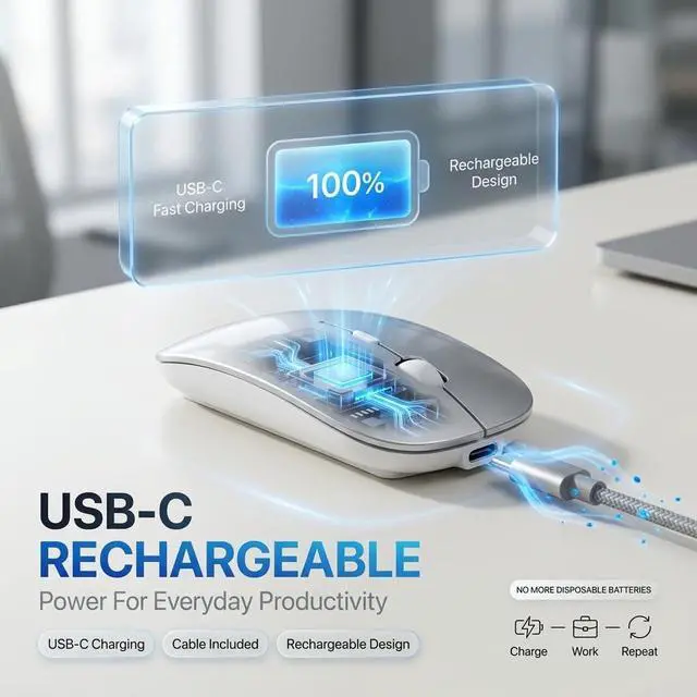 Alt view image 6 of 7 - Wireless Bluetooth Mouse with Jiggler Mode, Rechargeable Silent Mouse for MacBook Air/Pro Laptop PC, Multi-Device BT5.2/BT3.0 & 2.4G USB-A/USB-C Receiver, Ergonomic Optical Mouse with 3 DPI Levels