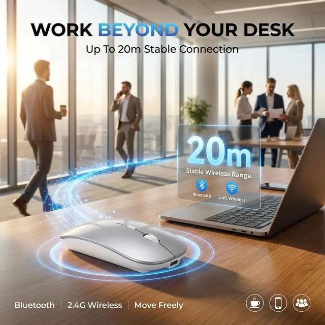 Alt view image 7 of 7 - Wireless Bluetooth Mouse with Jiggler Mode, Rechargeable Silent Mouse for MacBook Air/Pro Laptop PC, Multi-Device BT5.2/BT3.0 & 2.4G USB-A/USB-C Receiver, Ergonomic Optical Mouse with 3 DPI Levels