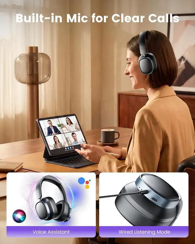 Alt view image 7 of 7 - Active Noise Cancelling Headphones,78H Over Ear Headset