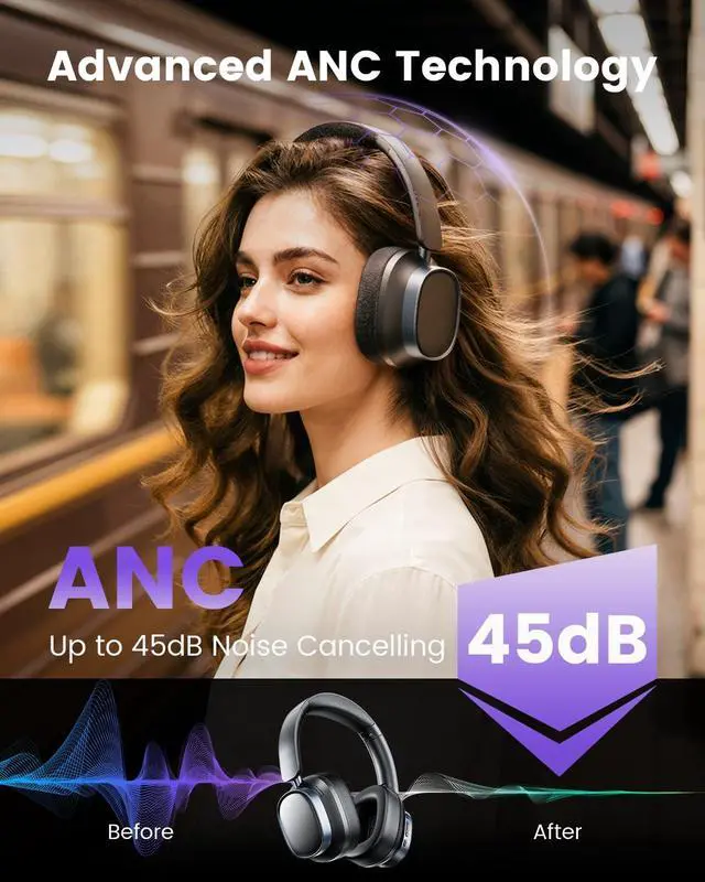 Alt view image 4 of 7 - Active Noise Cancelling Headphones,78H Over Ear Headset