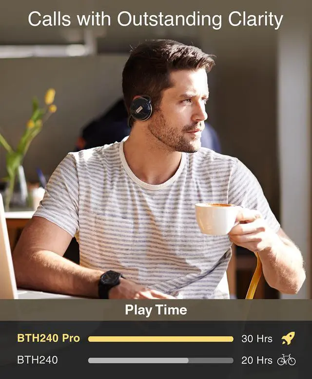 Alt view image 4 of 7 - BTH240 PRO Bluetooth Wireless Headphones (On-Ear, HiFi Stereo Music, 30 Hours Playtime, Built-in Mic, Foldable Headset, Hands-Free Calling)