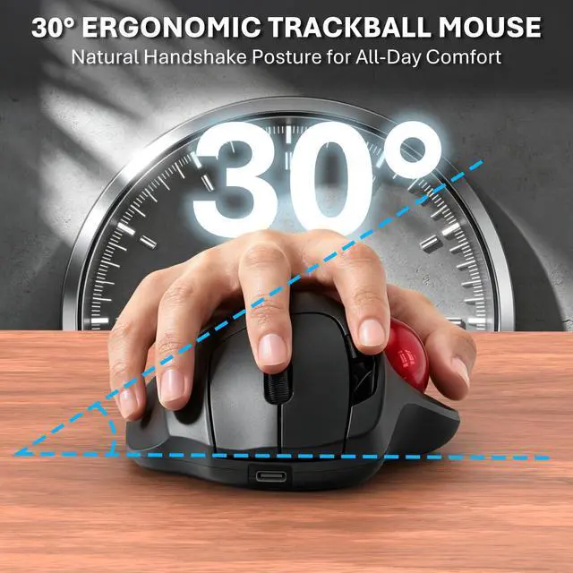 Alt view image 5 of 7 - Wireless Trackball Mouse, Ergonomic Mouse with 30° Tilt, 5 DPI, Red