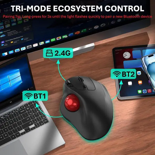 Alt view image 7 of 7 - Wireless Trackball Mouse, Ergonomic Mouse with 30° Tilt, 5 DPI, Red