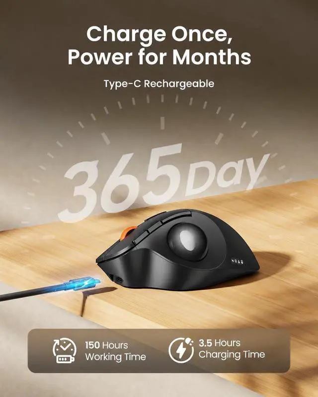 Alt view image 7 of 7 - EM02 Wireless Trackball Mouse, Ergonomic Thumb Ball Control, Gray