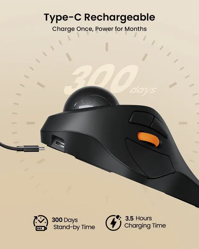 Alt view image 4 of 7 - EM03 NL Wireless Bluetooth Trackball Mouse, Finger Control, Gray