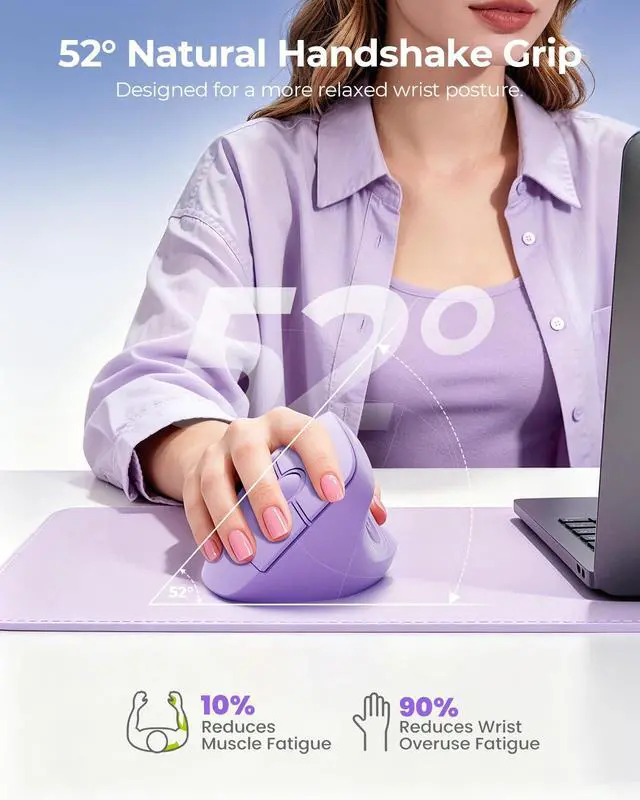 Alt view image 2 of 7 - Ergonomic Wireless Mouse, 52° Vertical Bluetooth Mouse, Purple