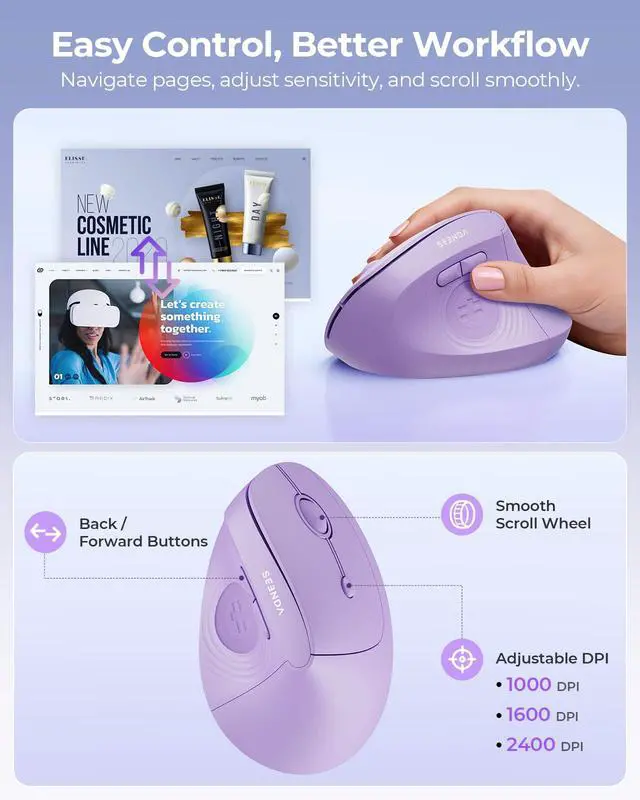 Alt view image 3 of 7 - Ergonomic Wireless Mouse, 52° Vertical Bluetooth Mouse, Purple