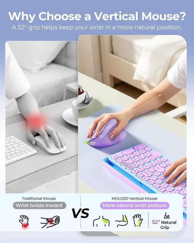 Alt view image 7 of 7 - Ergonomic Wireless Mouse, 52° Vertical Bluetooth Mouse, Purple
