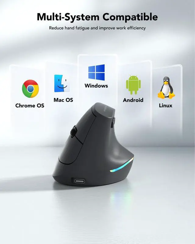 Alt view image 6 of 7 - Wireless Ergonomic Mouse, Rechargeable Bluetooth Vertical Mouse for Laptop/Computer/Ipad/Mac, Quiet Click, 10 Color LED, 5 Adjustable DPI, Wrist Strain Relief, USB-A Optical Mice for M/L Hands, Black