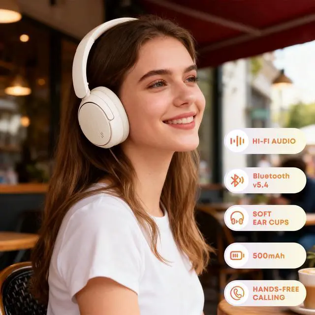 Alt view image 2 of 7 - Bluetooth Headphones with Active Noise Cancelling (ANC), Wireless Over Ear Bluetooth Headsets with 35H Playtime, HiFi Stereo Foldable Headphones with Foam Ear Cups for Sports, Travel, White