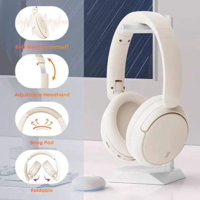 Alt view image 5 of 7 - Bluetooth Headphones with Active Noise Cancelling (ANC), Wireless Over Ear Bluetooth Headsets with 35H Playtime, HiFi Stereo Foldable Headphones with Foam Ear Cups for Sports, Travel, White
