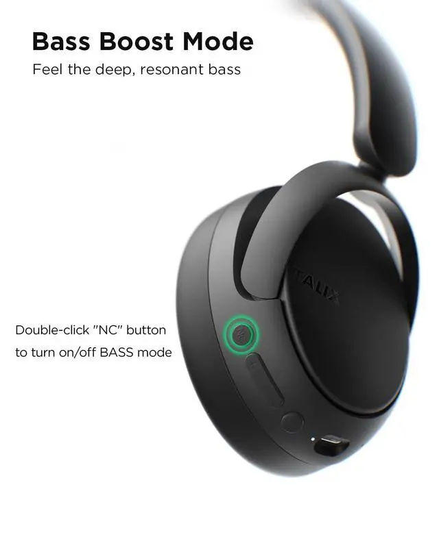 Alt view image 6 of 7 - H30 Hybrid Active Noise Cancelling Headphones, 110H Playtime Hi-Res Audio Bluetooth 6.0 Wireless Over Ear ANC Headphones for Commute/Travel (Black)