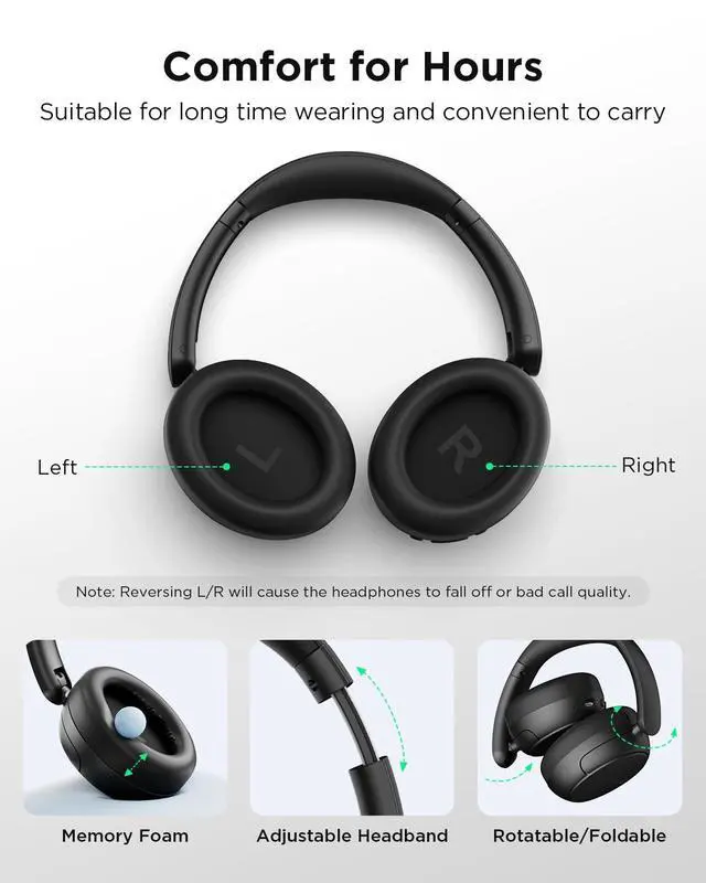 Alt view image 7 of 7 - H30 Hybrid Active Noise Cancelling Headphones, 110H Playtime Hi-Res Audio Bluetooth 6.0 Wireless Over Ear ANC Headphones for Commute/Travel (Black)