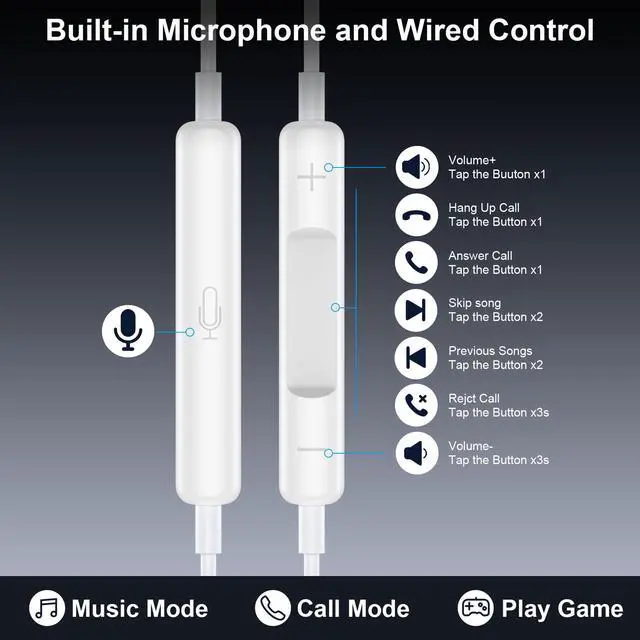 Alt view image 4 of 7 - USB C Headphones for iPhone 17, Type C Earbuds with Microphone Noise Cancelling Wired Earphone USB C for iPhone 16 Pro Max iPad Pro Galaxy A17 S25 Ultra Wired Ear Buds in Ear TypeC Plug, White