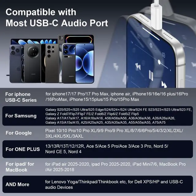 Alt view image 7 of 7 - USB C Headphones for iPhone 17, Type C Earbuds with Microphone Noise Cancelling Wired Earphone USB C for iPhone 16 Pro Max iPad Pro Galaxy A17 S25 Ultra Wired Ear Buds in Ear TypeC Plug, White