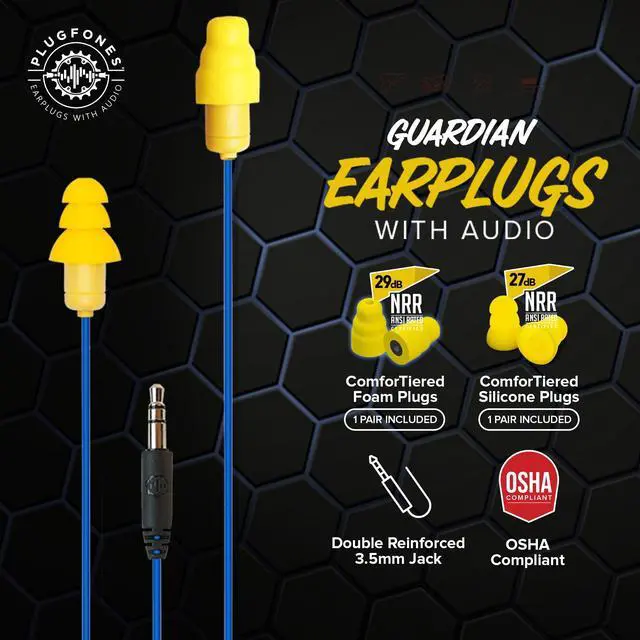 Alt view image 2 of 7 - Guardian Earplug Headphones - OSHA Approved Noise Isolating in-Ear Earbuds with Hearing Protection - Wired Hybrid for Work and Travel - Includes Silicone and Foam Earplugs - Blue & Yellow