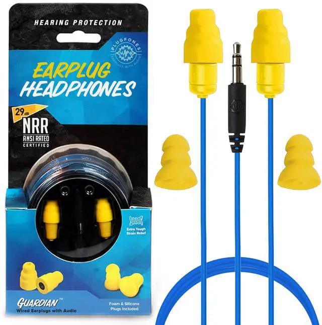 Main image of Guardian Earplug Headphones - OSHA Approved Noise Isolating in-Ear Earbuds with Hearing Protection - Wired Hybrid for Work and Travel - Includes Silicone and Foam Earplugs - Blue & Yellow
