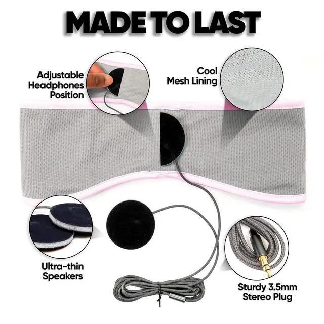 Alt view image 3 of 7 - Sleep Headphones - Over Ear Headphones from Ultra Thin Cool Mesh Wired for Side Sleepers, Meditation, Running, Laptop, and Phone - Pink Lycra