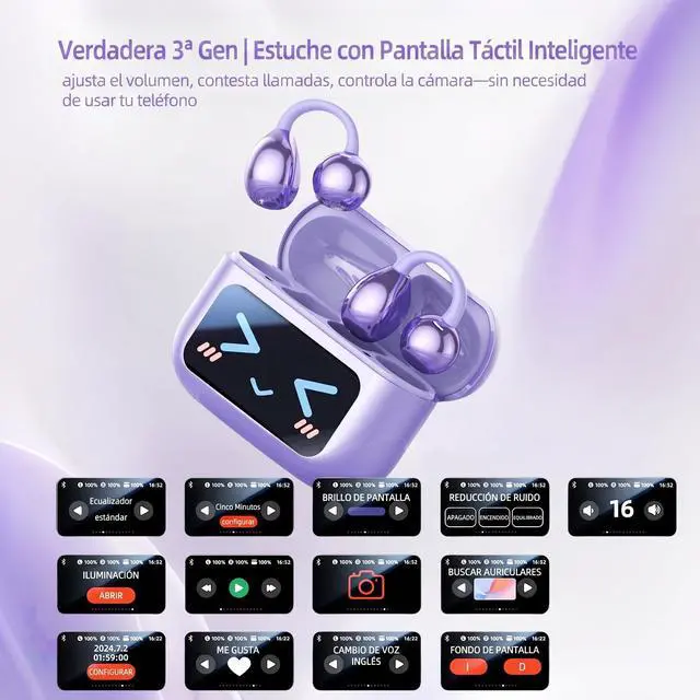 Alt view image 2 of 7 - M100 Clip On Earbuds with Touchscreen Case , Open Ear Wireless Headphones for Glasses & Small Ears ,50H Total Battery, Bluetooth 6.0, IPX7 Waterproof,Ultra-Light 4g for Running & Workouts,purple