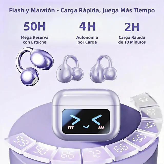 Alt view image 7 of 7 - M100 Clip On Earbuds with Touchscreen Case , Open Ear Wireless Headphones for Glasses & Small Ears ,50H Total Battery, Bluetooth 6.0, IPX7 Waterproof,Ultra-Light 4g for Running & Workouts,purple