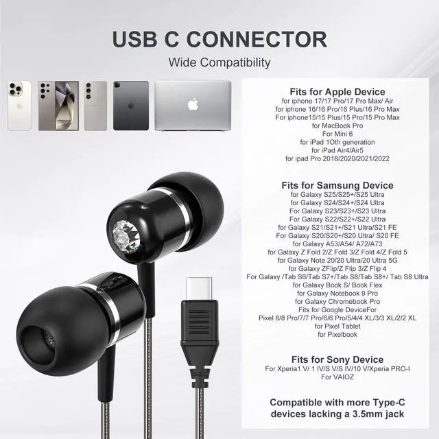 Alt view image 3 of 7 - USB C Wired Earbuds, USB-C Headphone with Mic, in-Ear USBC Earphone