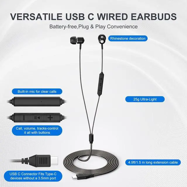 Alt view image 6 of 7 - USB C Wired Earbuds, USB-C Headphone with Mic, in-Ear USBC Earphone