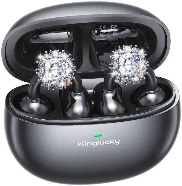 Main image of Jewelry-Inspired Clip-On Earbuds with Diamond Earrings, Comfortable Fit & 40H Playtime Open Ear Bluetooth 5.4 Wireless Headphones for Women, Small Ears, Sports & Workouts (Black)
